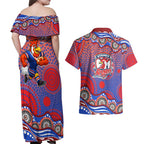 Sydney Roosters Couples Matching Off Shoulder Maxi Dress and Hawaiian Shirt Aboriginal Dot Pattern - Rugby Mascot Heritage Pride