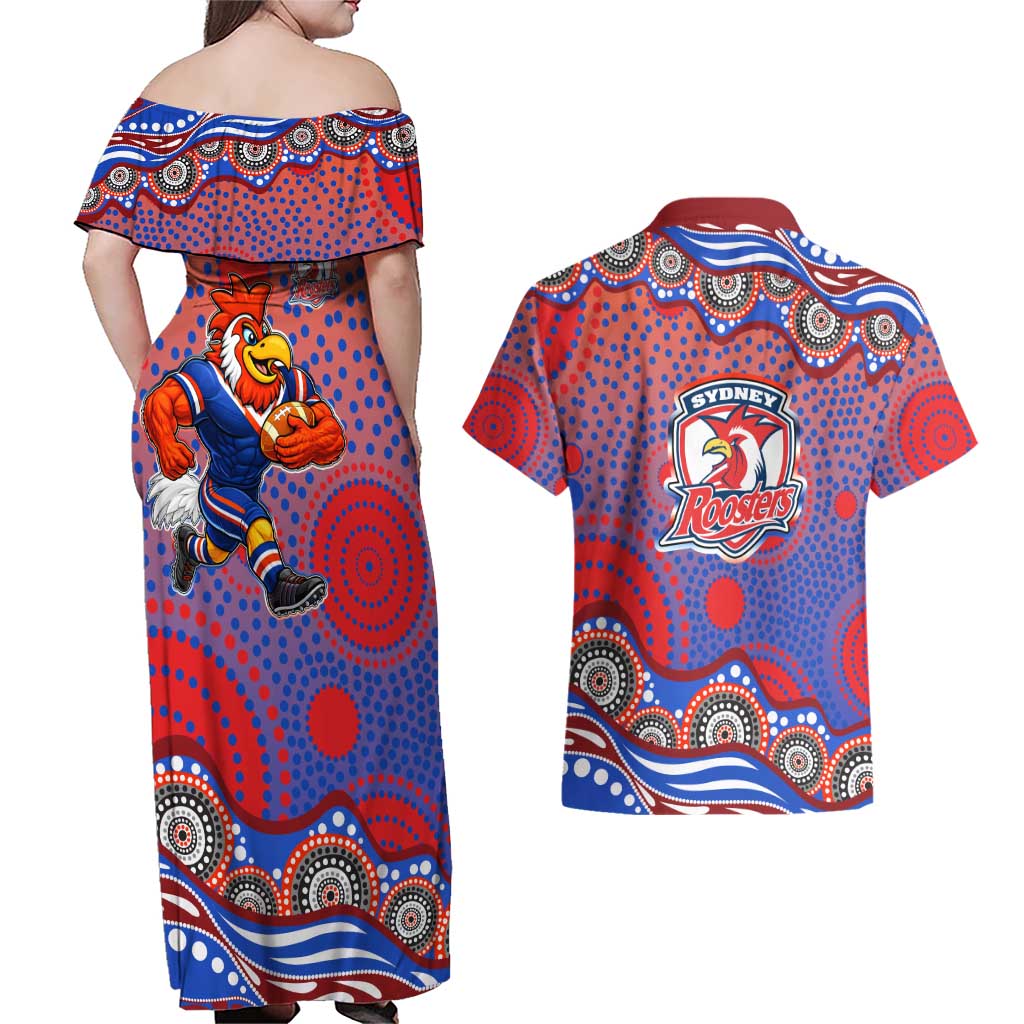 Sydney Roosters Couples Matching Off Shoulder Maxi Dress and Hawaiian Shirt Aboriginal Dot Pattern - Rugby Mascot Heritage Pride