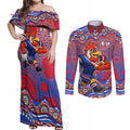 Sydney Roosters Couples Matching Off Shoulder Maxi Dress and Long Sleeve Button Shirt Aboriginal Dot Pattern - Rugby Mascot Heritage Pride