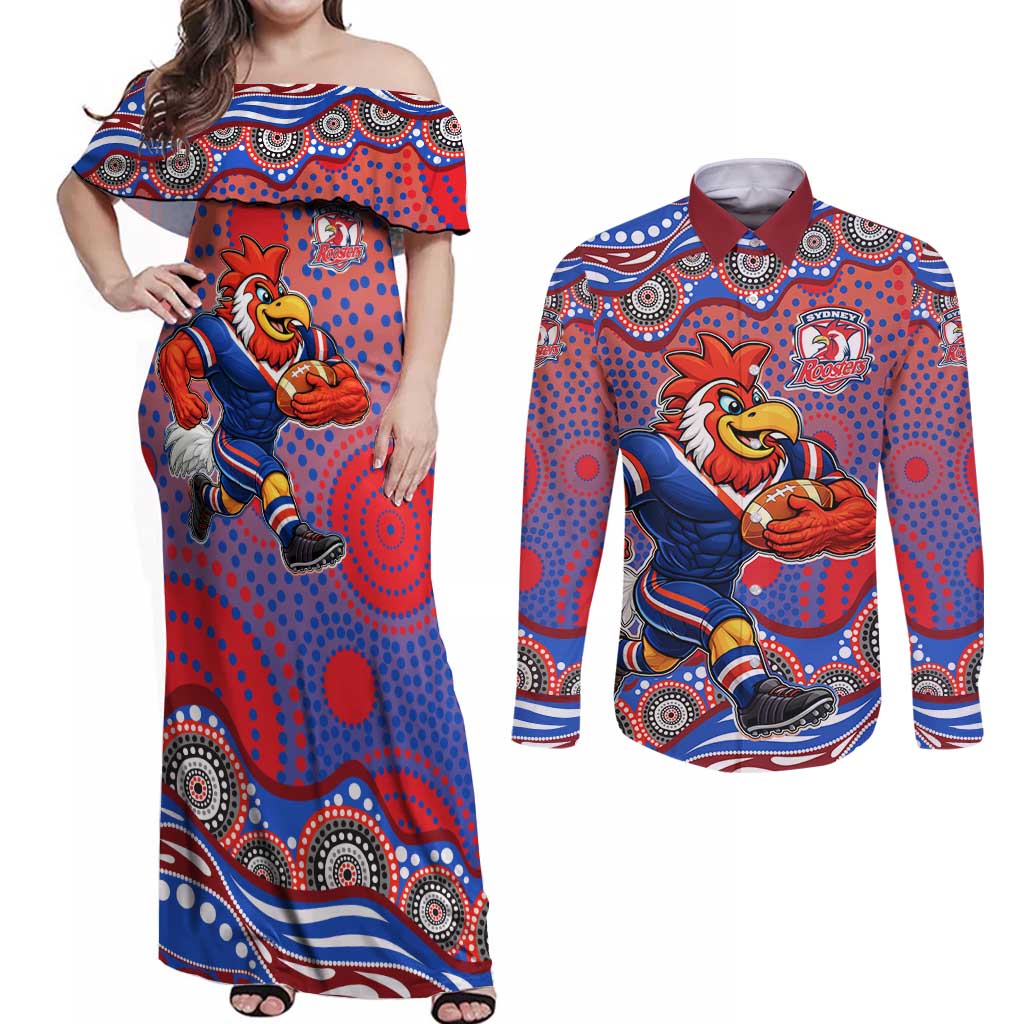 Sydney Roosters Couples Matching Off Shoulder Maxi Dress and Long Sleeve Button Shirt Aboriginal Dot Pattern - Rugby Mascot Heritage Pride