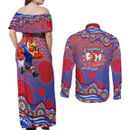 Sydney Roosters Couples Matching Off Shoulder Maxi Dress and Long Sleeve Button Shirt Aboriginal Dot Pattern - Rugby Mascot Heritage Pride