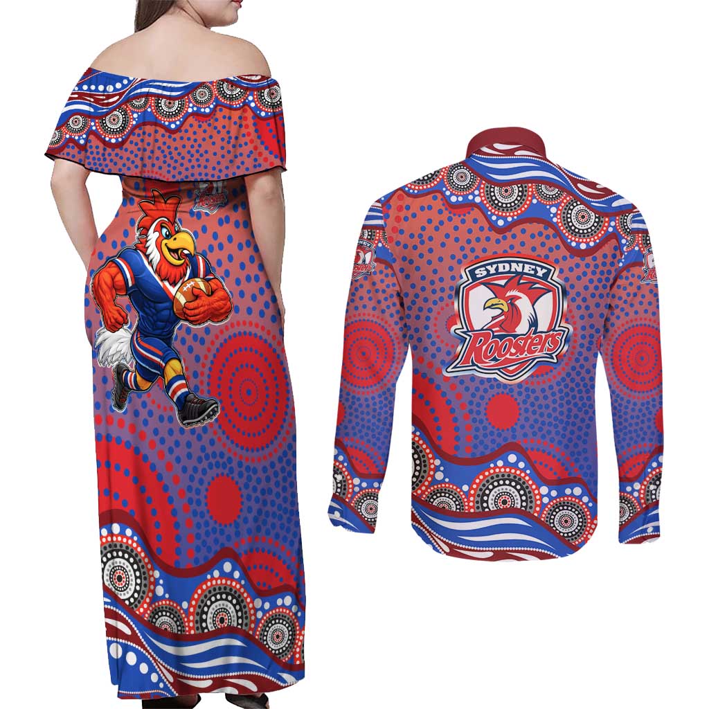 Sydney Roosters Couples Matching Off Shoulder Maxi Dress and Long Sleeve Button Shirt Aboriginal Dot Pattern - Rugby Mascot Heritage Pride