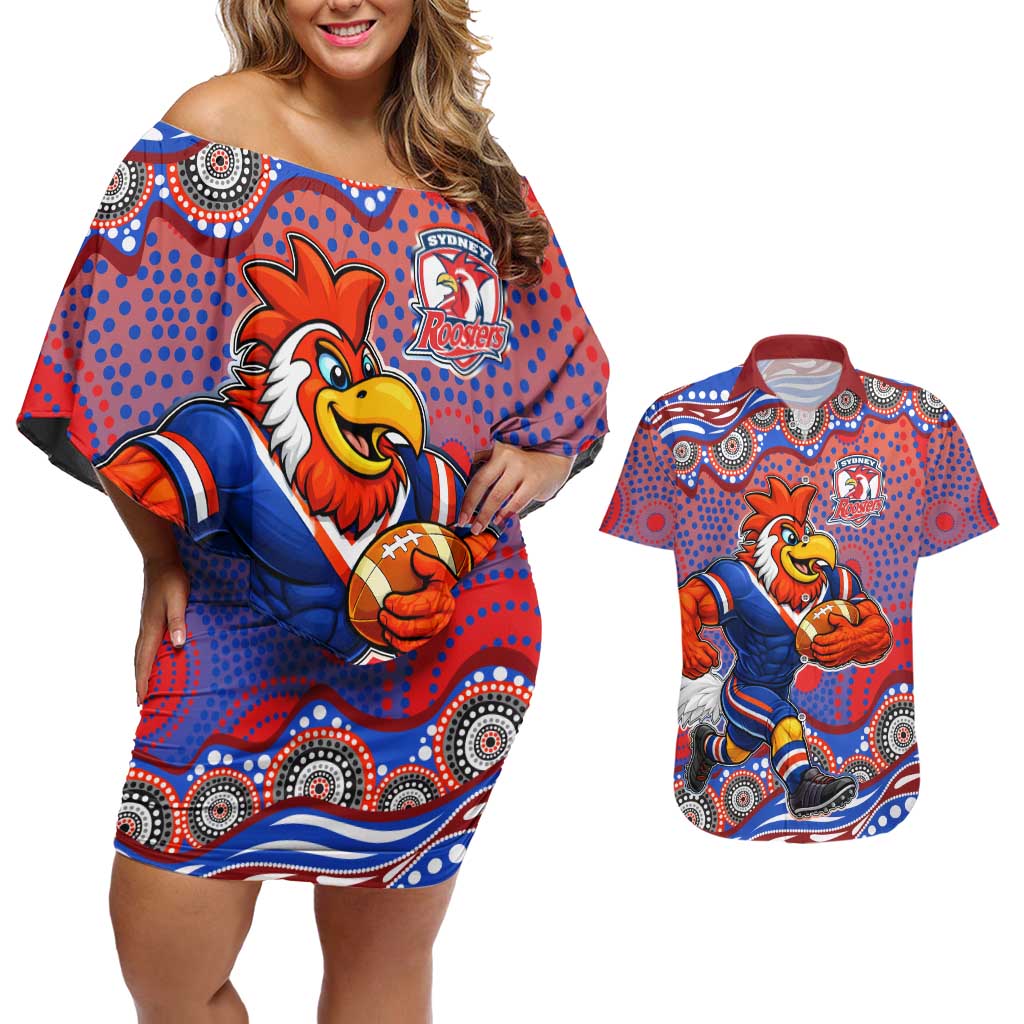 Sydney Roosters Couples Matching Off Shoulder Short Dress and Hawaiian Shirt Aboriginal Dot Pattern - Rugby Mascot Heritage Pride