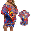 Sydney Roosters Couples Matching Off Shoulder Short Dress and Hawaiian Shirt Aboriginal Dot Pattern - Rugby Mascot Heritage Pride