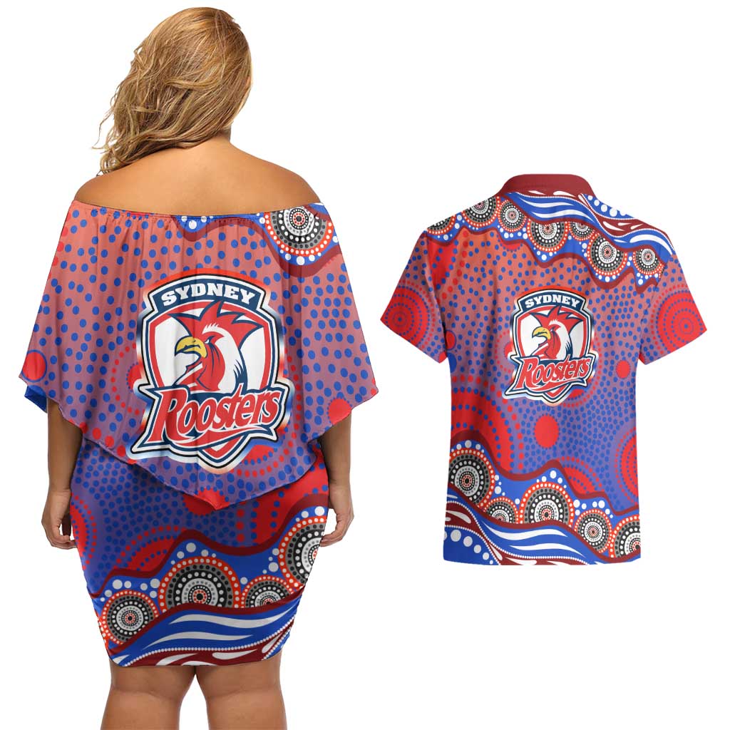 Sydney Roosters Couples Matching Off Shoulder Short Dress and Hawaiian Shirt Aboriginal Dot Pattern - Rugby Mascot Heritage Pride