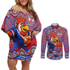 Sydney Roosters Couples Matching Off Shoulder Short Dress and Long Sleeve Button Shirt Aboriginal Dot Pattern - Rugby Mascot Heritage Pride