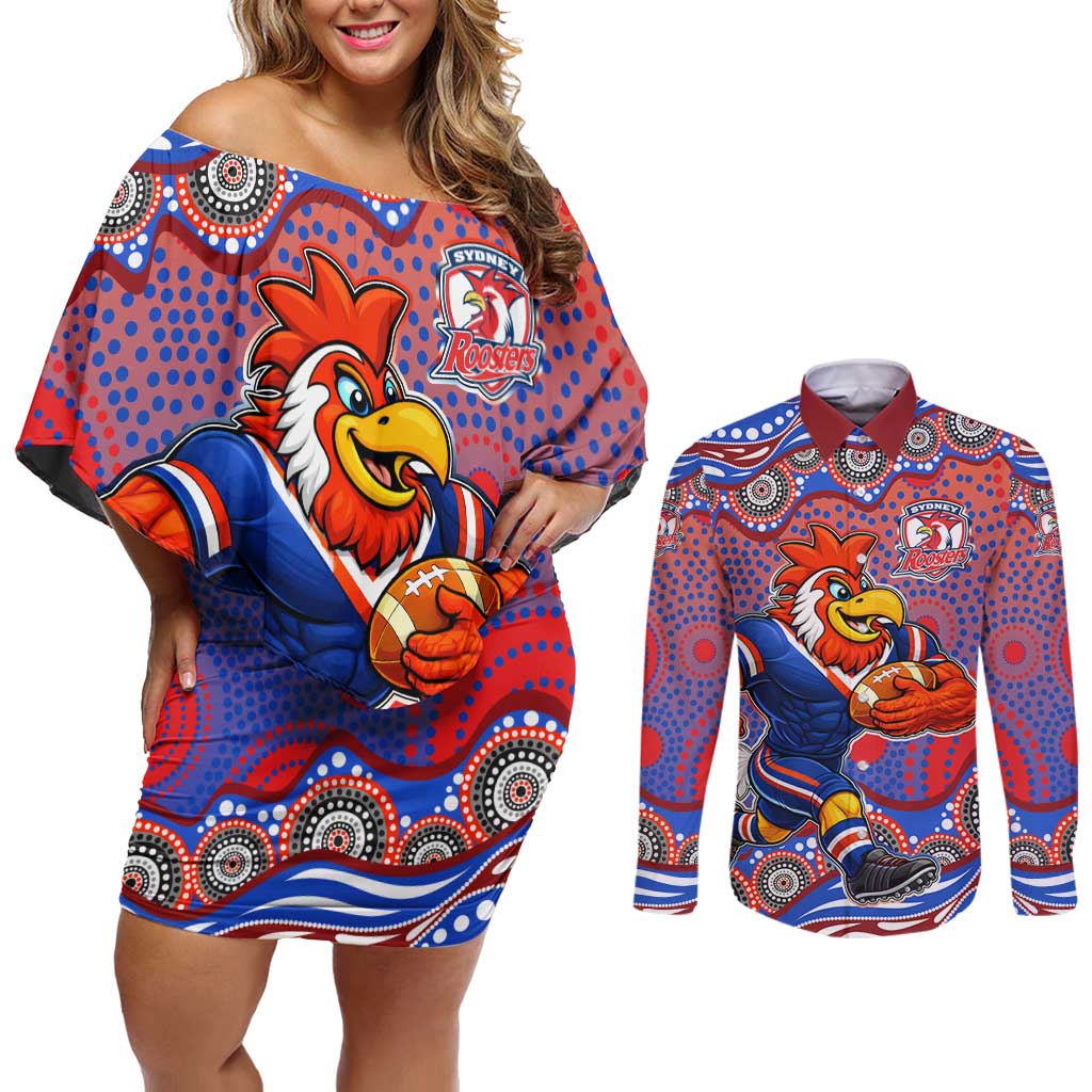 Sydney Roosters Couples Matching Off Shoulder Short Dress and Long Sleeve Button Shirt Aboriginal Dot Pattern - Rugby Mascot Heritage Pride