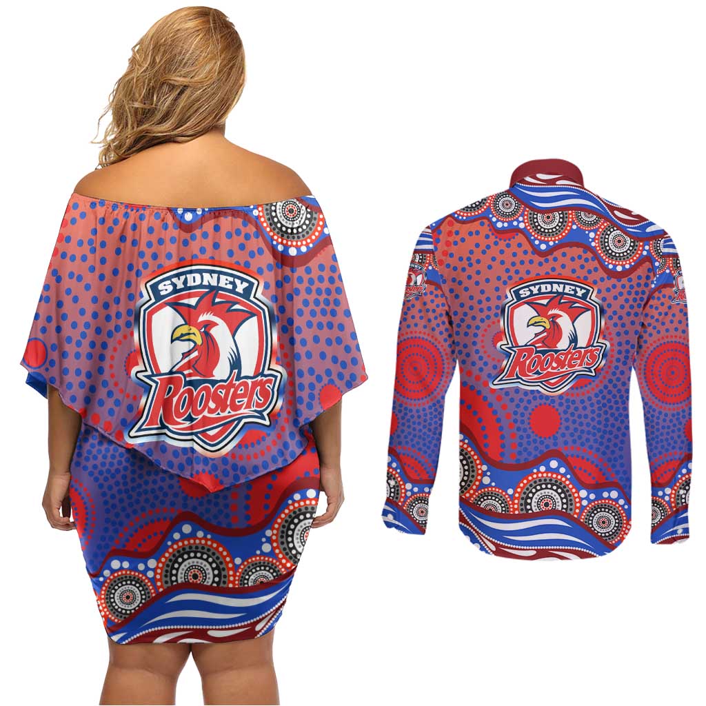 Sydney Roosters Couples Matching Off Shoulder Short Dress and Long Sleeve Button Shirt Aboriginal Dot Pattern - Rugby Mascot Heritage Pride