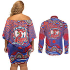 Sydney Roosters Couples Matching Off Shoulder Short Dress and Long Sleeve Button Shirt Aboriginal Dot Pattern - Rugby Mascot Heritage Pride