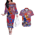 Sydney Roosters Couples Matching Off The Shoulder Long Sleeve Dress and Hawaiian Shirt Aboriginal Dot Pattern - Rugby Mascot Heritage Pride