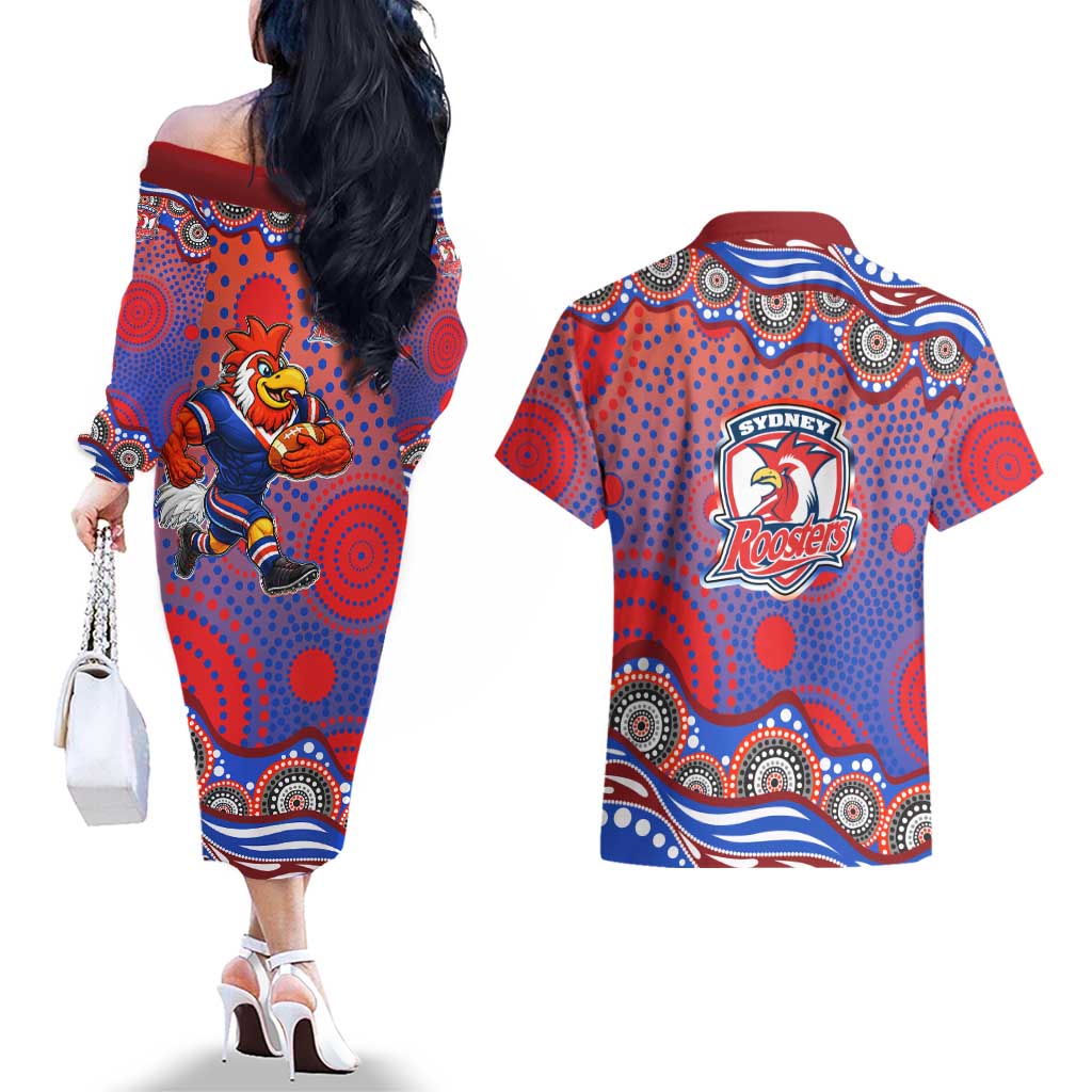 Sydney Roosters Couples Matching Off The Shoulder Long Sleeve Dress and Hawaiian Shirt Aboriginal Dot Pattern - Rugby Mascot Heritage Pride