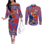 Sydney Roosters Couples Matching Off The Shoulder Long Sleeve Dress and Long Sleeve Button Shirt Aboriginal Dot Pattern - Rugby Mascot Heritage Pride