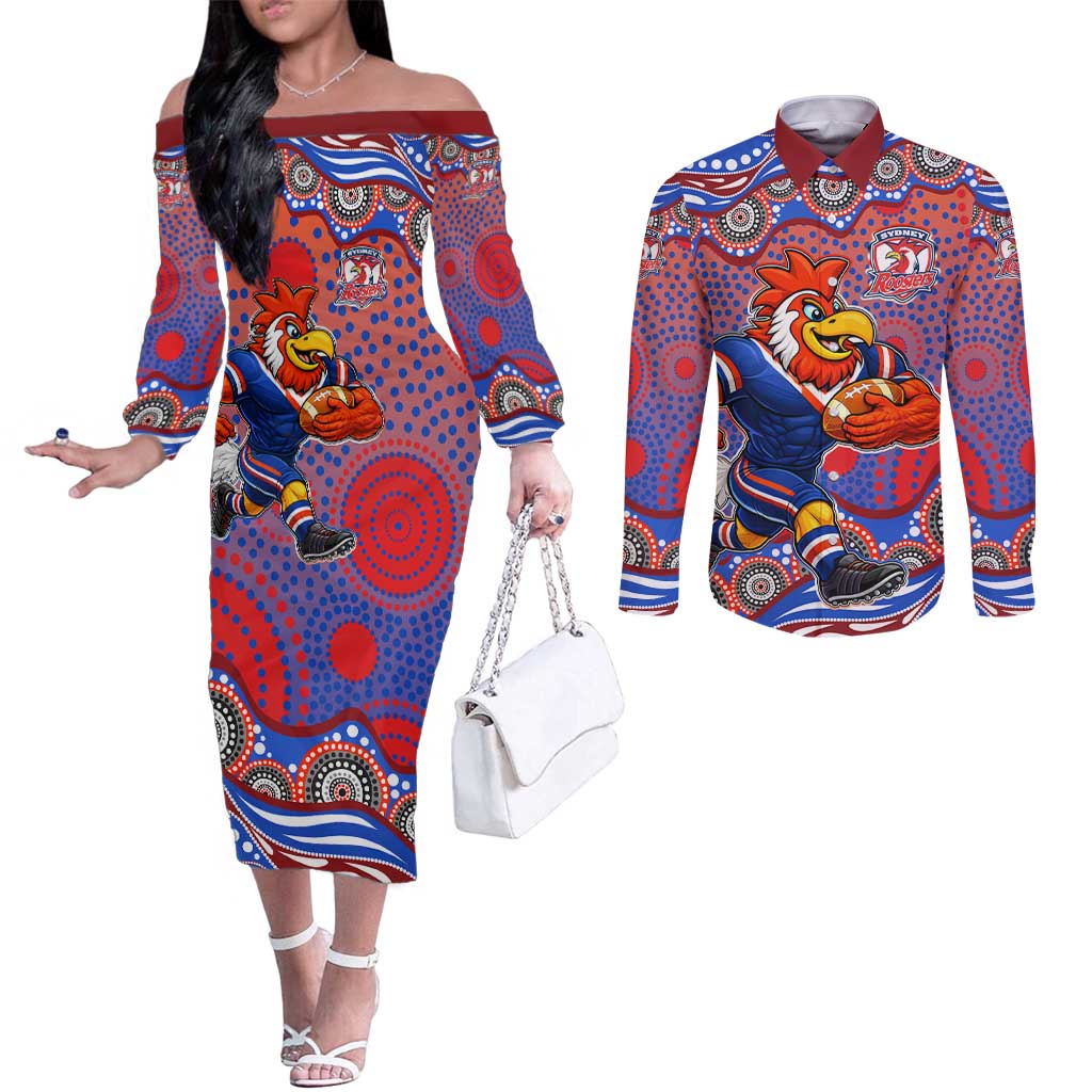 Sydney Roosters Couples Matching Off The Shoulder Long Sleeve Dress and Long Sleeve Button Shirt Aboriginal Dot Pattern - Rugby Mascot Heritage Pride