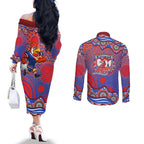 Sydney Roosters Couples Matching Off The Shoulder Long Sleeve Dress and Long Sleeve Button Shirt Aboriginal Dot Pattern - Rugby Mascot Heritage Pride