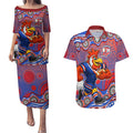Sydney Roosters Couples Matching Puletasi and Hawaiian Shirt Aboriginal Dot Pattern - Rugby Mascot Heritage Pride