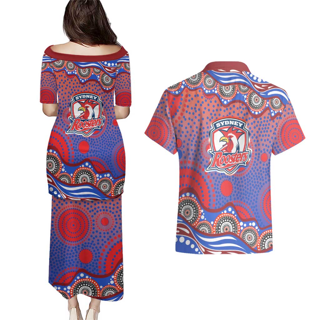 Sydney Roosters Couples Matching Puletasi and Hawaiian Shirt Aboriginal Dot Pattern - Rugby Mascot Heritage Pride