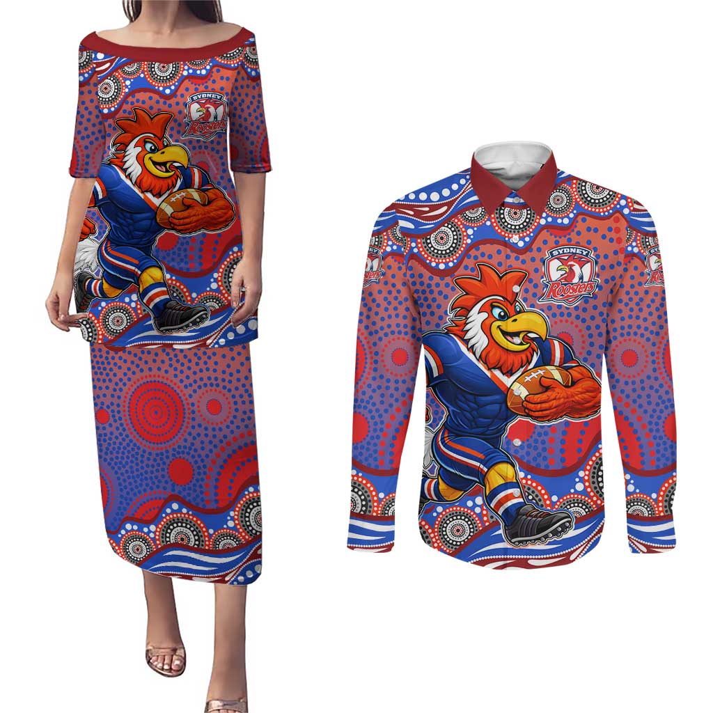 Sydney Roosters Couples Matching Puletasi and Long Sleeve Button Shirt Aboriginal Dot Pattern - Rugby Mascot Heritage Pride