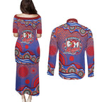 Sydney Roosters Couples Matching Puletasi and Long Sleeve Button Shirt Aboriginal Dot Pattern - Rugby Mascot Heritage Pride