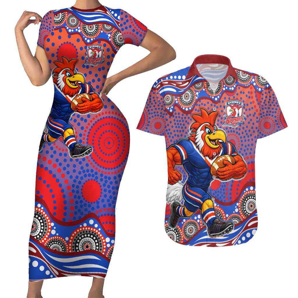 Sydney Roosters Couples Matching Short Sleeve Bodycon Dress and Hawaiian Shirt Aboriginal Dot Pattern - Rugby Mascot Heritage Pride