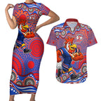 Sydney Roosters Couples Matching Short Sleeve Bodycon Dress and Hawaiian Shirt Aboriginal Dot Pattern - Rugby Mascot Heritage Pride