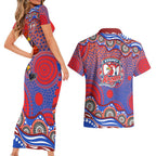 Sydney Roosters Couples Matching Short Sleeve Bodycon Dress and Hawaiian Shirt Aboriginal Dot Pattern - Rugby Mascot Heritage Pride