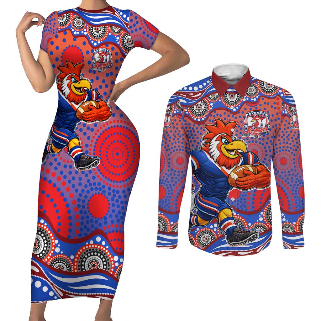 Sydney Roosters Couples Matching Short Sleeve Bodycon Dress and Long Sleeve Button Shirt Aboriginal Dot Pattern - Rugby Mascot Heritage Pride