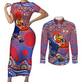 Sydney Roosters Couples Matching Short Sleeve Bodycon Dress and Long Sleeve Button Shirt Aboriginal Dot Pattern - Rugby Mascot Heritage Pride