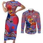 Sydney Roosters Couples Matching Short Sleeve Bodycon Dress and Long Sleeve Button Shirt Aboriginal Dot Pattern - Rugby Mascot Heritage Pride