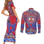 Sydney Roosters Couples Matching Short Sleeve Bodycon Dress and Long Sleeve Button Shirt Aboriginal Dot Pattern - Rugby Mascot Heritage Pride