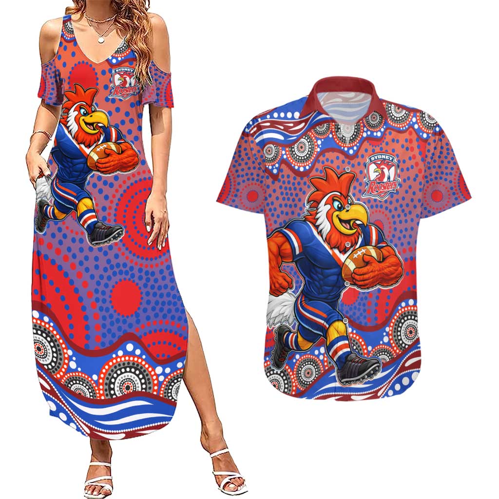 Sydney Roosters Couples Matching Summer Maxi Dress and Hawaiian Shirt Aboriginal Dot Pattern - Rugby Mascot Heritage Pride