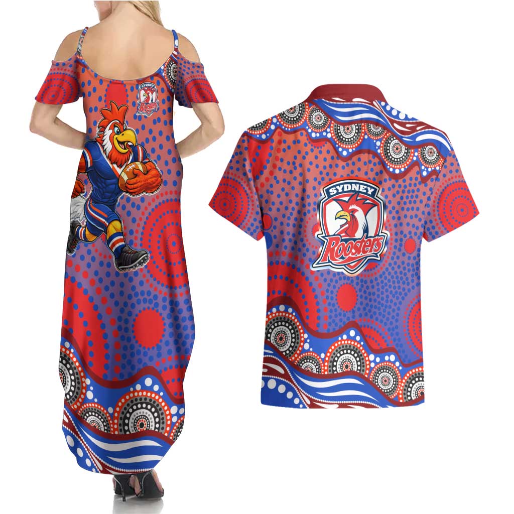 Sydney Roosters Couples Matching Summer Maxi Dress and Hawaiian Shirt Aboriginal Dot Pattern - Rugby Mascot Heritage Pride