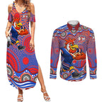 Sydney Roosters Couples Matching Summer Maxi Dress and Long Sleeve Button Shirt Aboriginal Dot Pattern - Rugby Mascot Heritage Pride