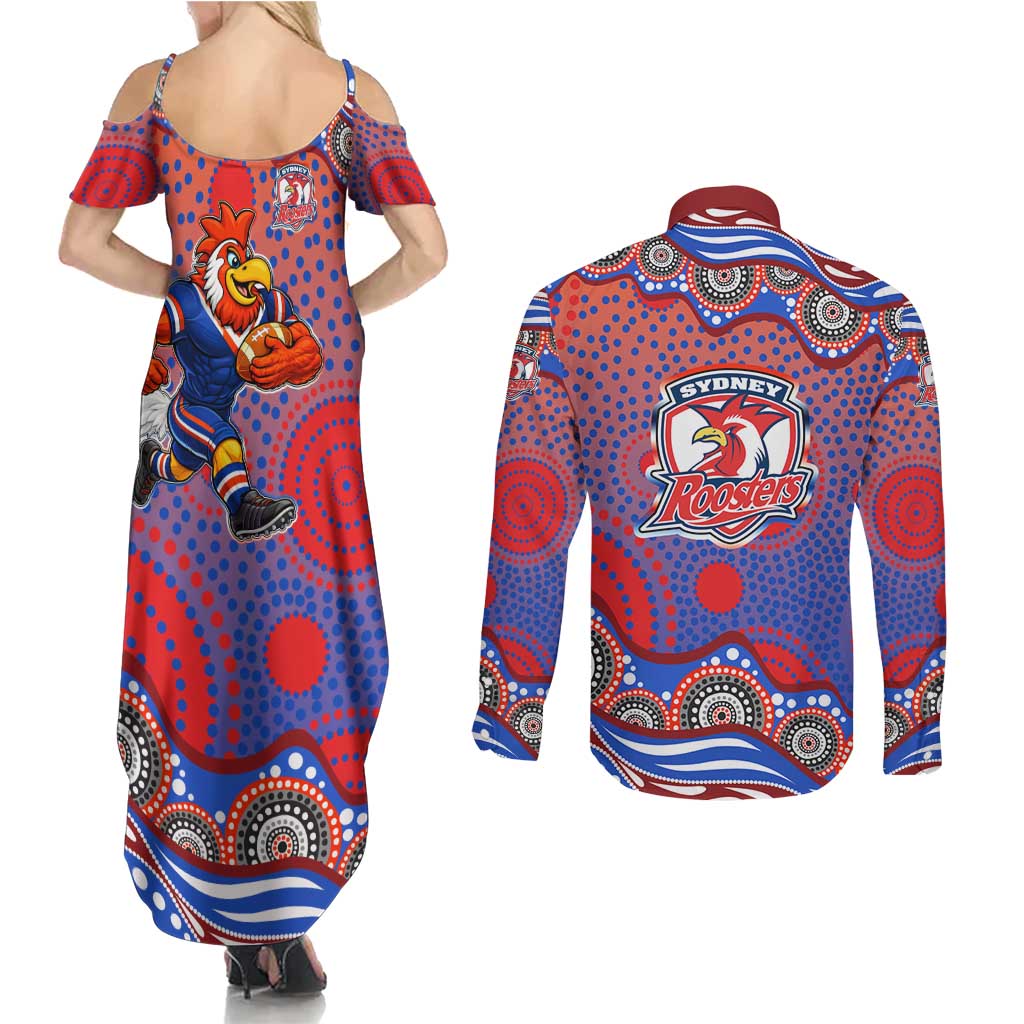 Sydney Roosters Couples Matching Summer Maxi Dress and Long Sleeve Button Shirt Aboriginal Dot Pattern - Rugby Mascot Heritage Pride