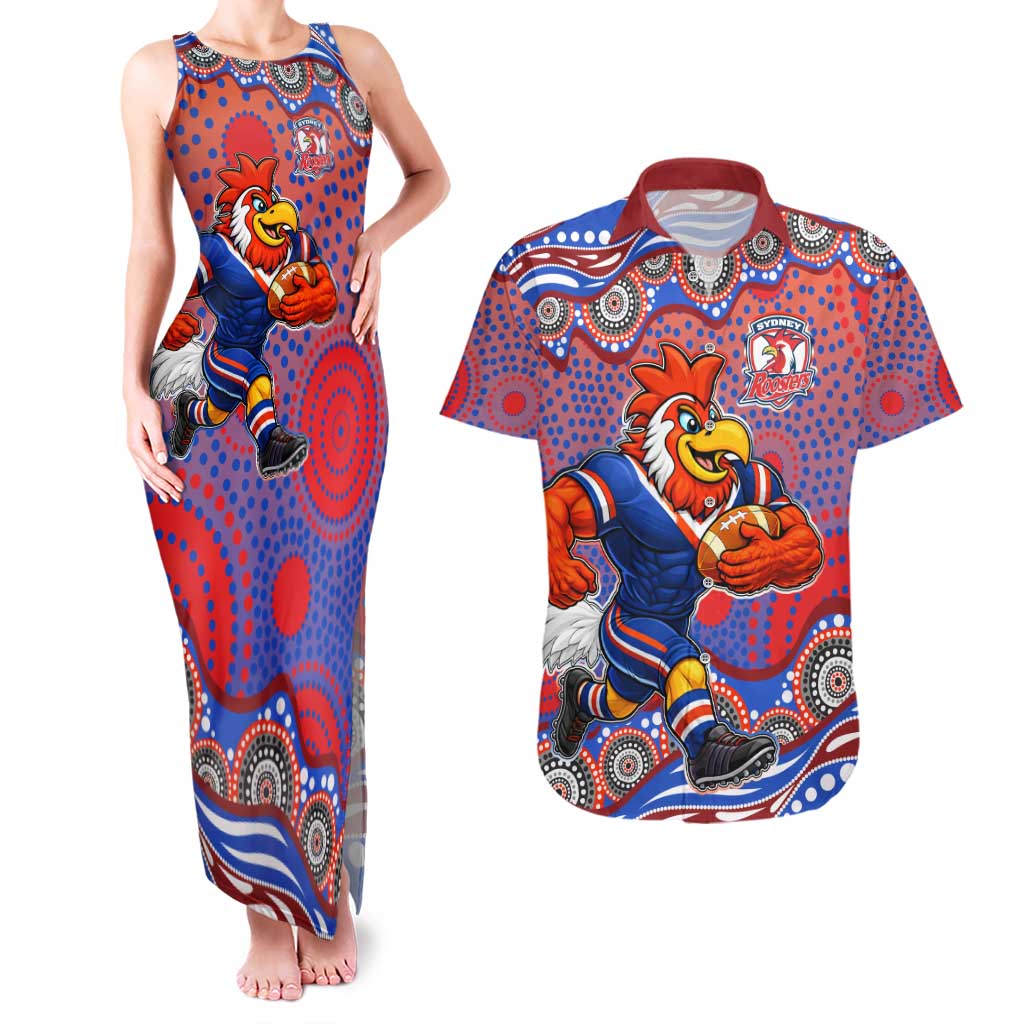 Sydney Roosters Couples Matching Tank Maxi Dress and Hawaiian Shirt Aboriginal Dot Pattern - Rugby Mascot Heritage Pride