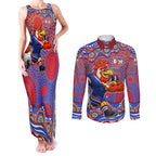 Sydney Roosters Couples Matching Tank Maxi Dress and Long Sleeve Button Shirt Aboriginal Dot Pattern - Rugby Mascot Heritage Pride
