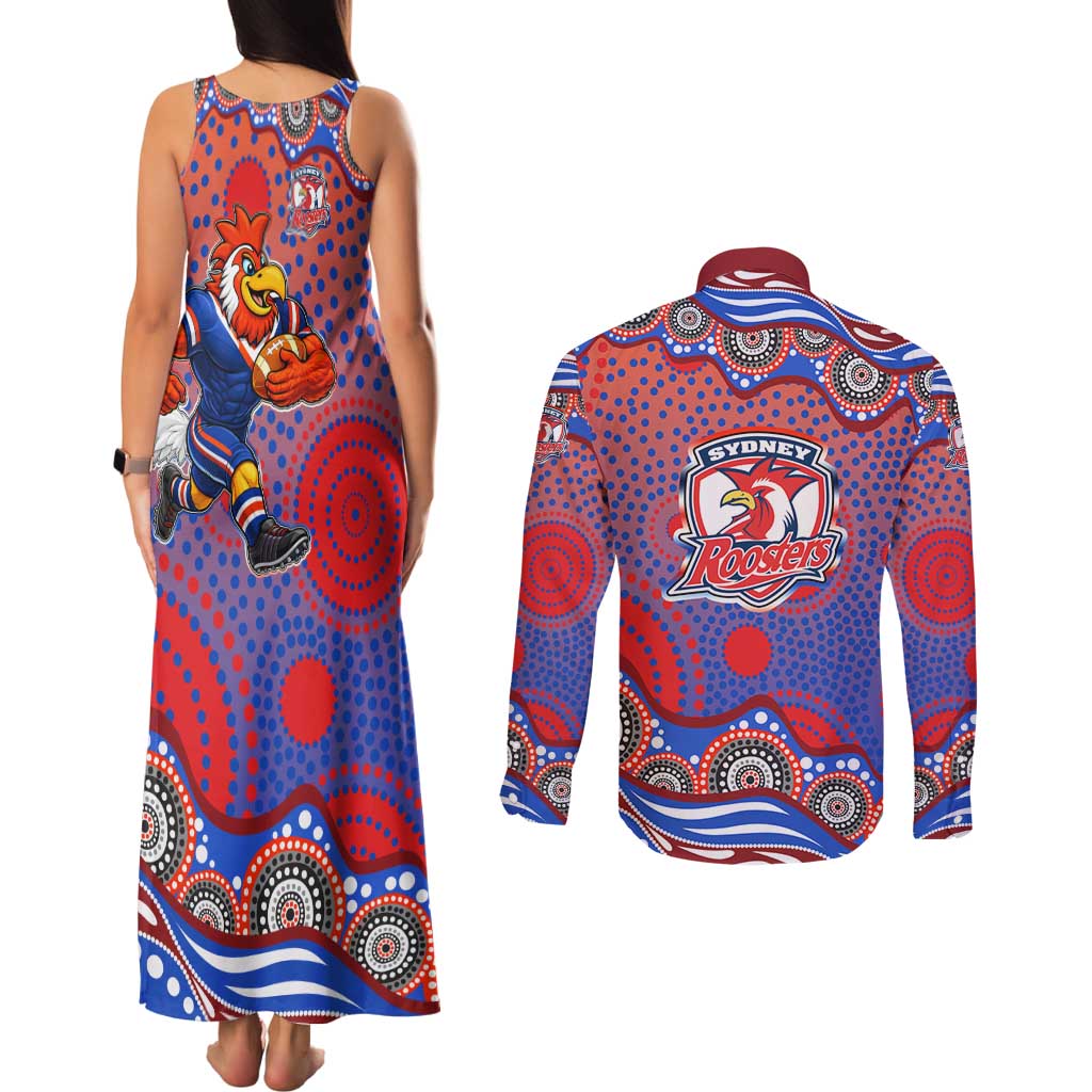 Sydney Roosters Couples Matching Tank Maxi Dress and Long Sleeve Button Shirt Aboriginal Dot Pattern - Rugby Mascot Heritage Pride