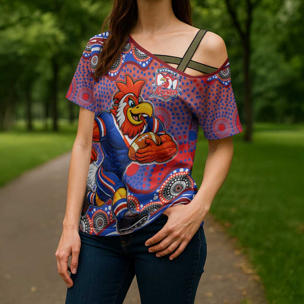Sydney Roosters Cross Shoulder Shirt Aboriginal Dot Pattern - Rugby Mascot Heritage Pride
