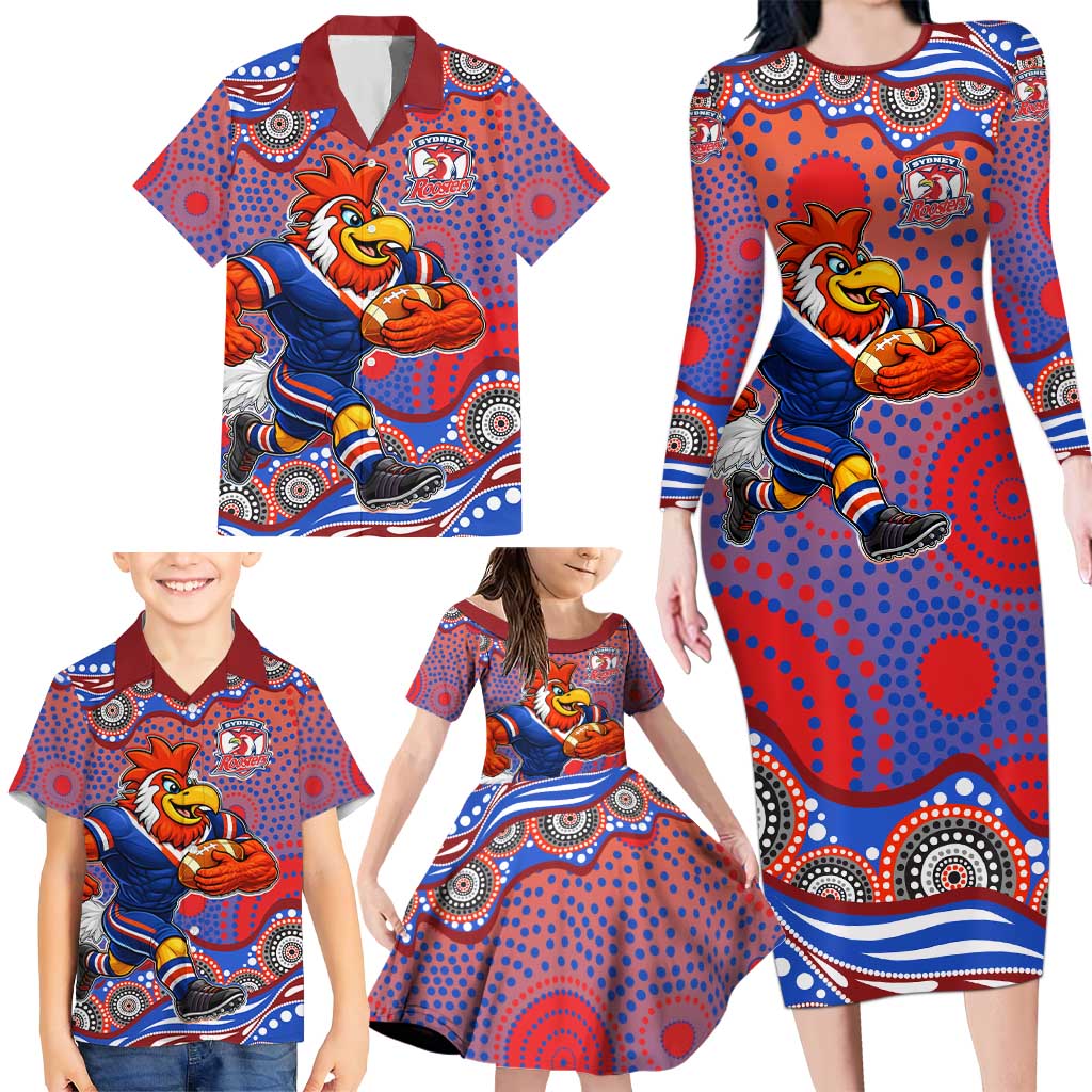 Sydney Roosters Family Matching Long Sleeve Bodycon Dress and Hawaiian Shirt Aboriginal Dot Pattern - Rugby Mascot Heritage Pride