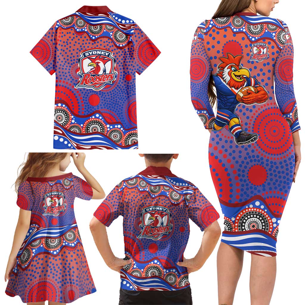 Sydney Roosters Family Matching Long Sleeve Bodycon Dress and Hawaiian Shirt Aboriginal Dot Pattern - Rugby Mascot Heritage Pride