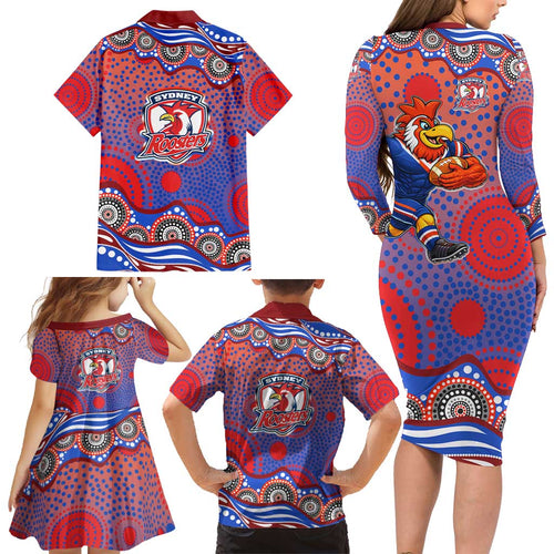 Sydney Roosters Family Matching Long Sleeve Bodycon Dress and Hawaiian Shirt Aboriginal Dot Pattern - Rugby Mascot Heritage Pride