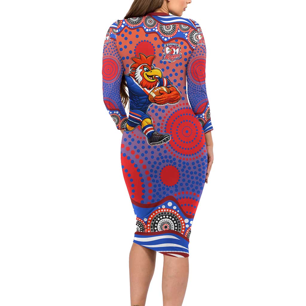 Sydney Roosters Family Matching Long Sleeve Bodycon Dress and Hawaiian Shirt Aboriginal Dot Pattern - Rugby Mascot Heritage Pride
