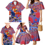 Sydney Roosters Family Matching Mermaid Dress and Hawaiian Shirt Aboriginal Dot Pattern - Rugby Mascot Heritage Pride