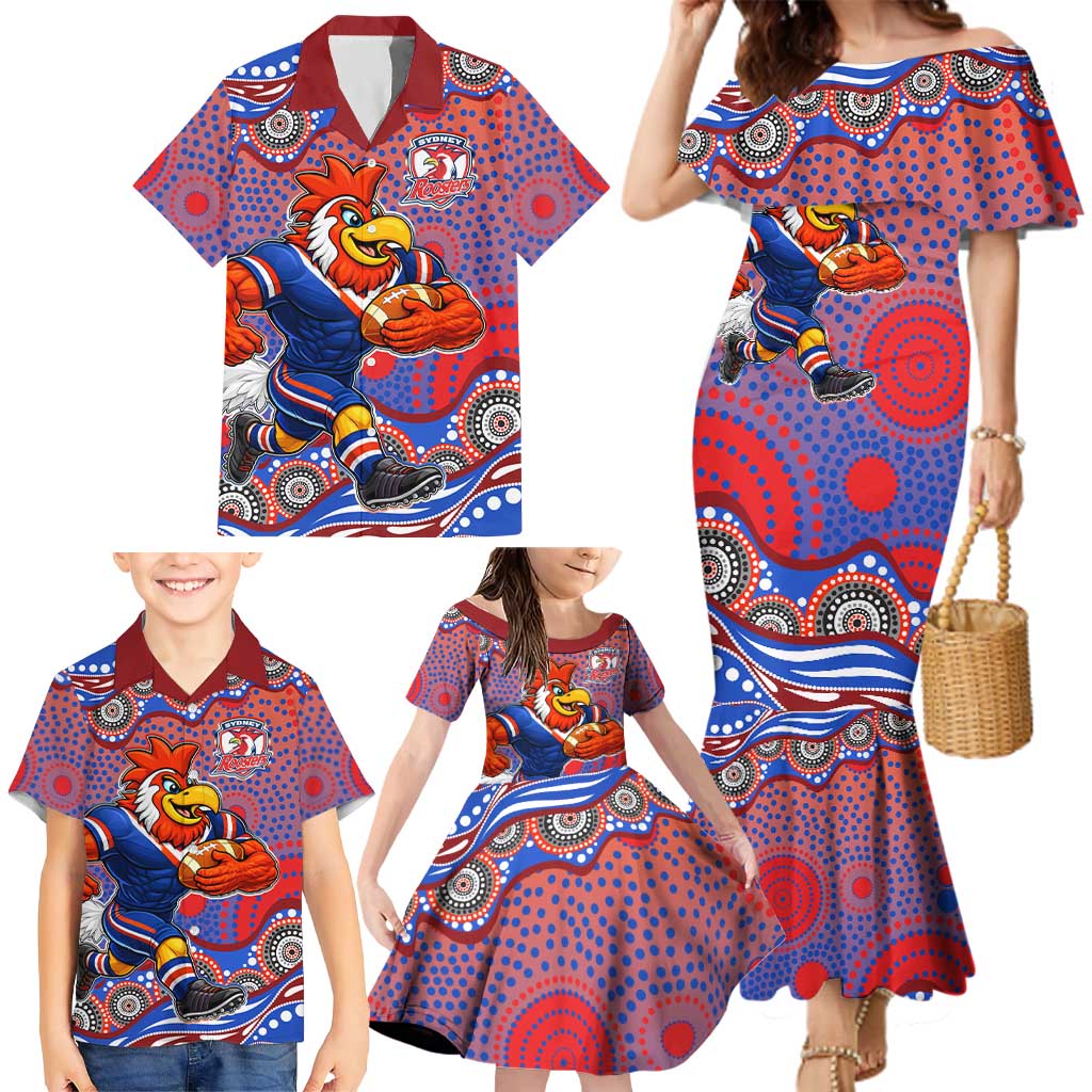 Sydney Roosters Family Matching Mermaid Dress and Hawaiian Shirt Aboriginal Dot Pattern - Rugby Mascot Heritage Pride