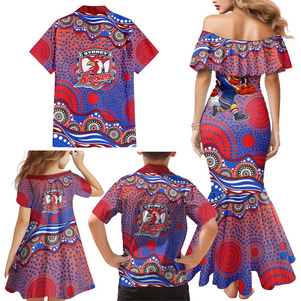 Sydney Roosters Family Matching Mermaid Dress and Hawaiian Shirt Aboriginal Dot Pattern - Rugby Mascot Heritage Pride
