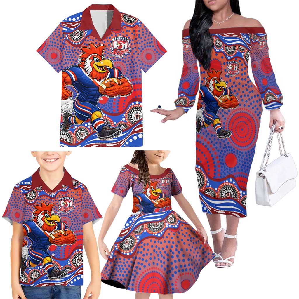 Sydney Roosters Family Matching Off The Shoulder Long Sleeve Dress and Hawaiian Shirt Aboriginal Dot Pattern - Rugby Mascot Heritage Pride