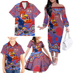 Sydney Roosters Family Matching Off The Shoulder Long Sleeve Dress and Hawaiian Shirt Aboriginal Dot Pattern - Rugby Mascot Heritage Pride