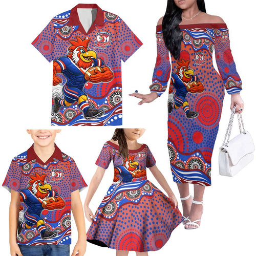 Sydney Roosters Family Matching Off The Shoulder Long Sleeve Dress and Hawaiian Shirt Aboriginal Dot Pattern - Rugby Mascot Heritage Pride
