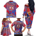 Sydney Roosters Family Matching Off The Shoulder Long Sleeve Dress and Hawaiian Shirt Aboriginal Dot Pattern - Rugby Mascot Heritage Pride