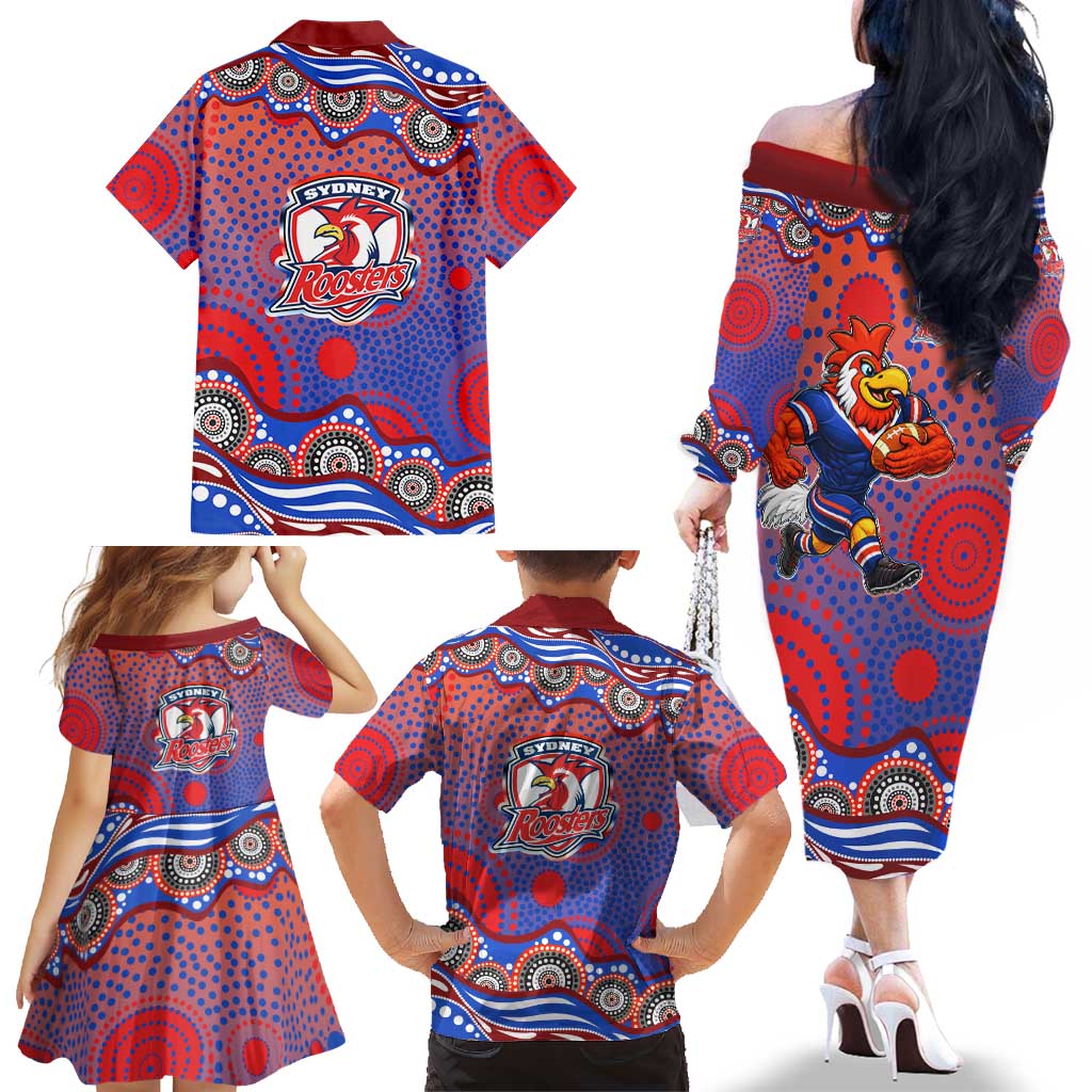 Sydney Roosters Family Matching Off The Shoulder Long Sleeve Dress and Hawaiian Shirt Aboriginal Dot Pattern - Rugby Mascot Heritage Pride