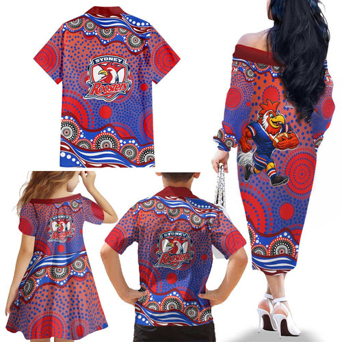 Sydney Roosters Family Matching Off The Shoulder Long Sleeve Dress and Hawaiian Shirt Aboriginal Dot Pattern - Rugby Mascot Heritage Pride